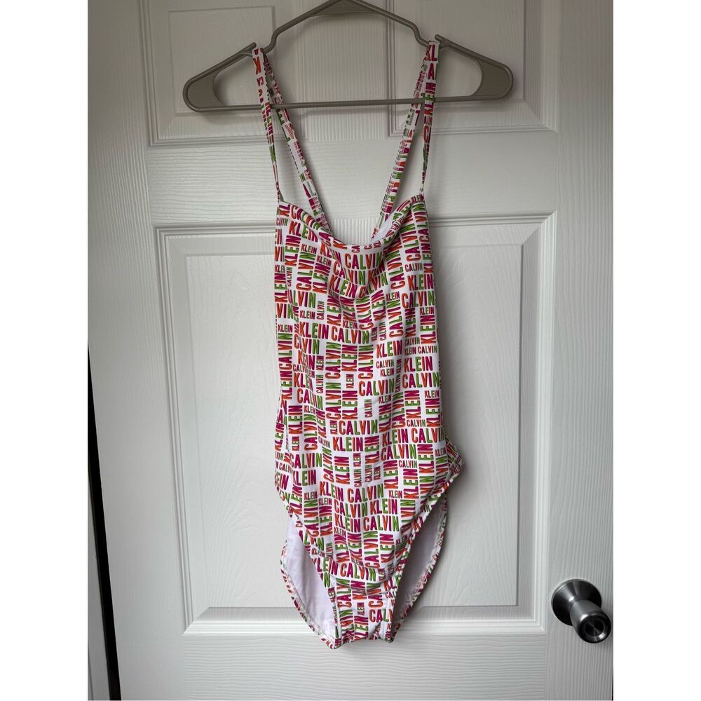 Calvin Klein One Piece Swim Suit Padded Size 12 Women's White Pink Green Spellou